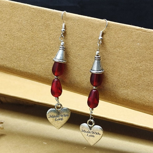 Red Beads With Heart Drop Earring
