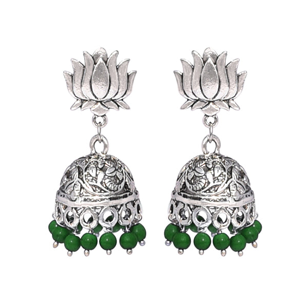 Lotus designed stud with white beaded jhumki earring