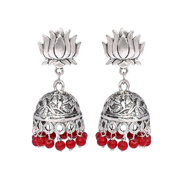 Lotus designed stud with white beaded jhumki earring