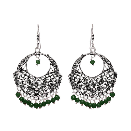 Chic drop black silver earrings with green beads