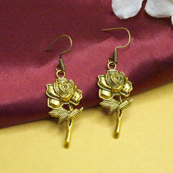 Rose Engraved Golden Drop Earrings