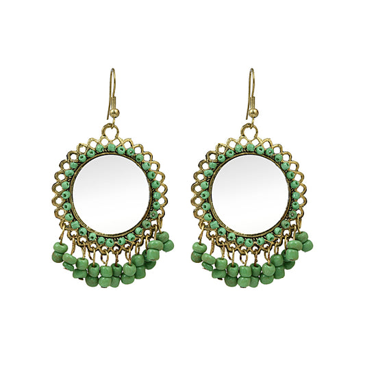 Circular Golden Mirrored and Beaded Drop Earrings