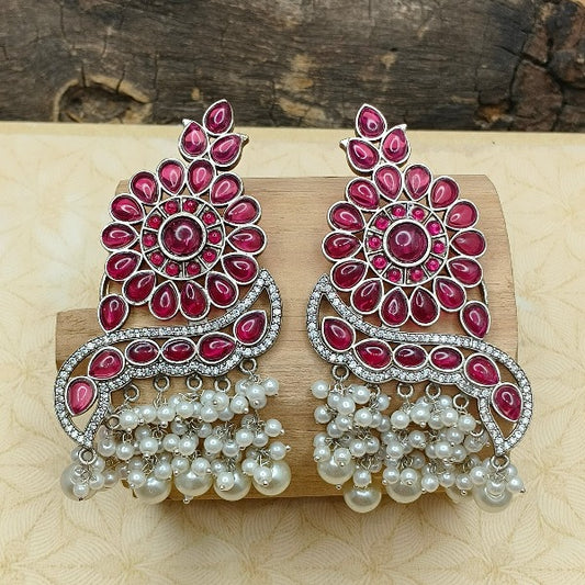 Pink Kundan White Pearl Earrings