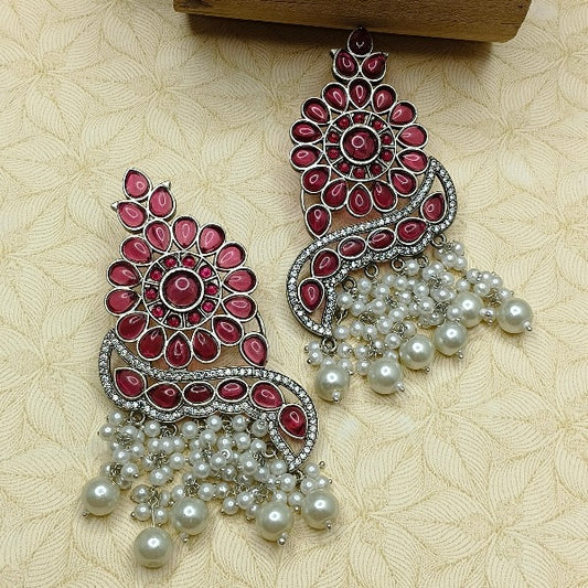 Pink Kundan White Pearl Earrings