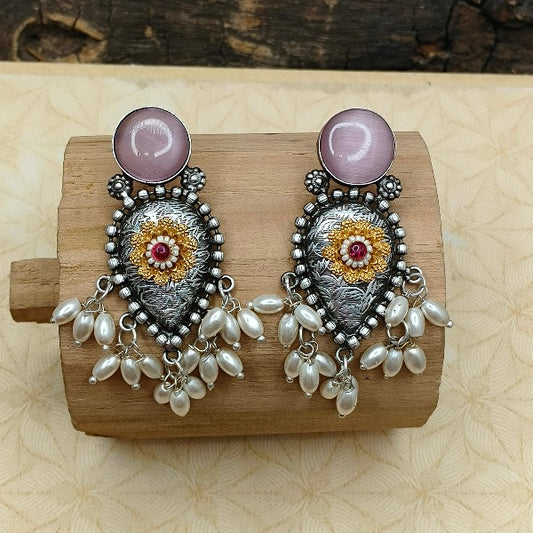 Pink Stone & Pearl Charm Earrings