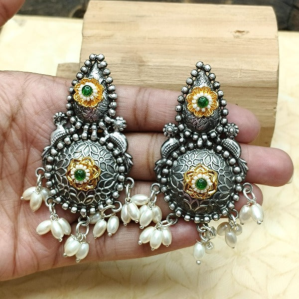 Ethnic Oxidized Pearl Drop Earring