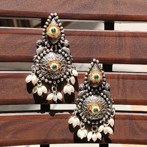 Ethnic Oxidized Pearl Drop Earring