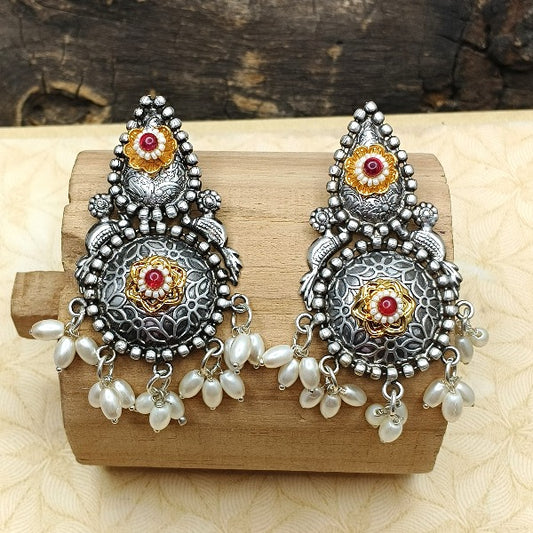 Ethnic Oxidized Pearl Drop Earring