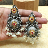 Ethnic Oxidized Pearl Drop Earring