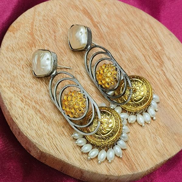 Hammered Stone Dual Tone Beaded Jhumka