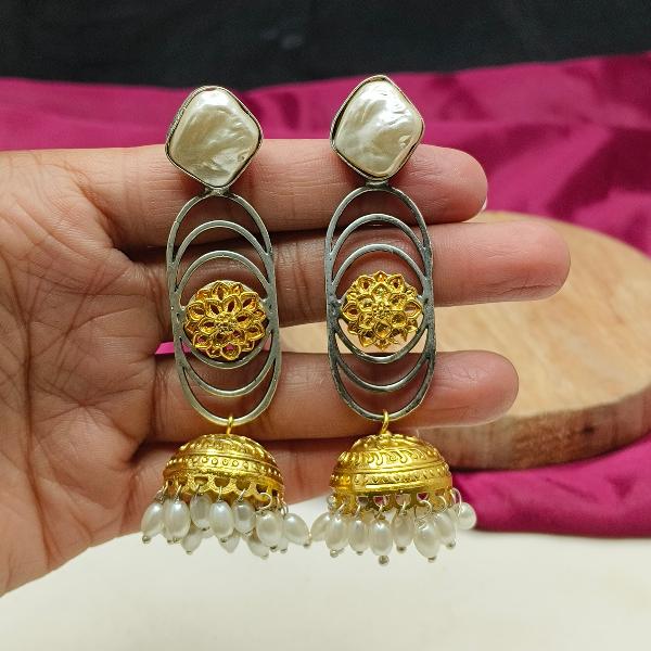 Hammered Stone Dual Tone Beaded Jhumka