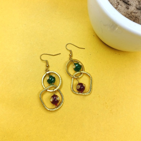 Red & Green Beads Gold Plated Earring