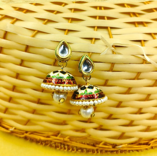 White Beads & Enamel Work Kundan Earring