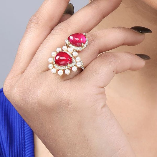Double Ruby Diamond Imitation Ring With Pearl