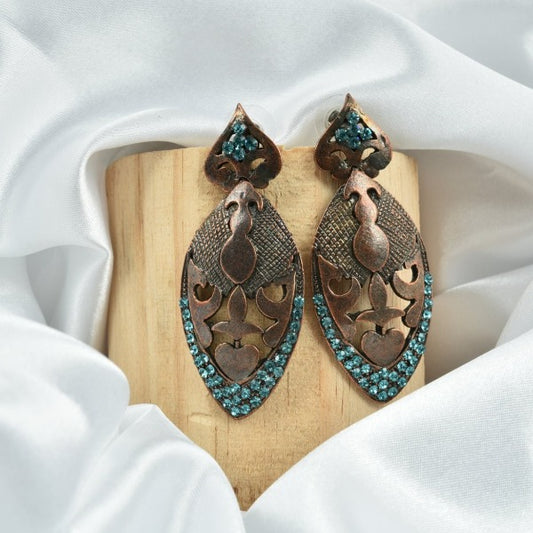 Copper Metal Earrings With Sky Blue Stones