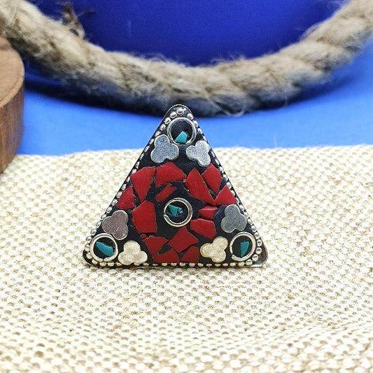 Red & Turquoise Clay Work Adjustable Ring