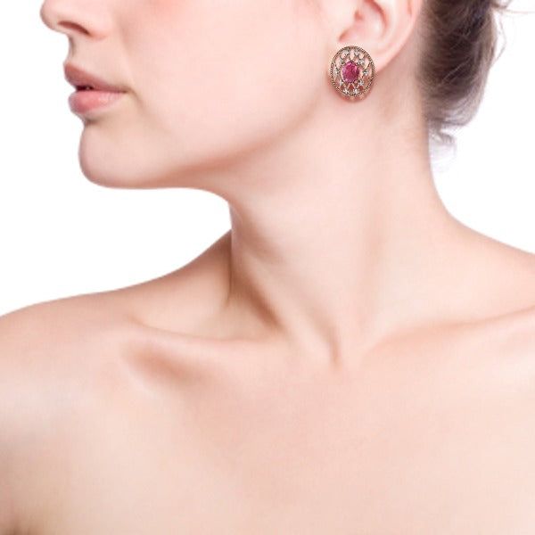 Rose Gold Basket Weave Ruby Quartz Stone Silver Stud Earring