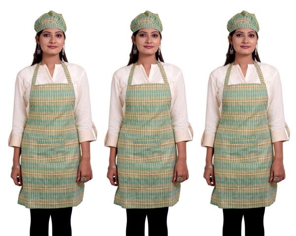 Green Checked Unisex Kitchen Apron with Cap & Front Pocket