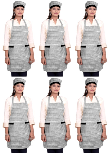 Striped Grey Unisex Kitchen Apron with Cap and Two Front Pockets