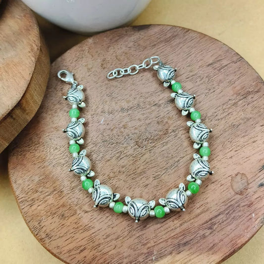 Owl Charm With Beads German Silver Bracelet