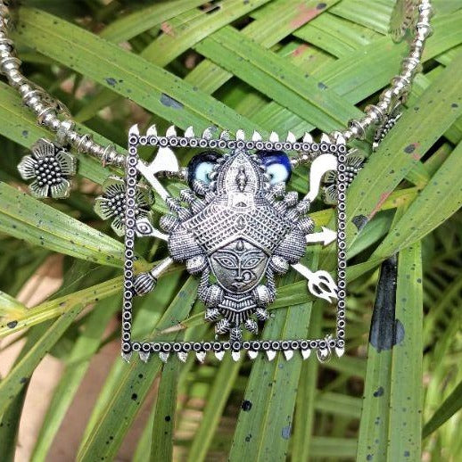 Oxidized Silver Flower Evil Eye God Necklace