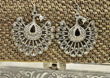Silver Dancing Peacock Design Drop Earrings