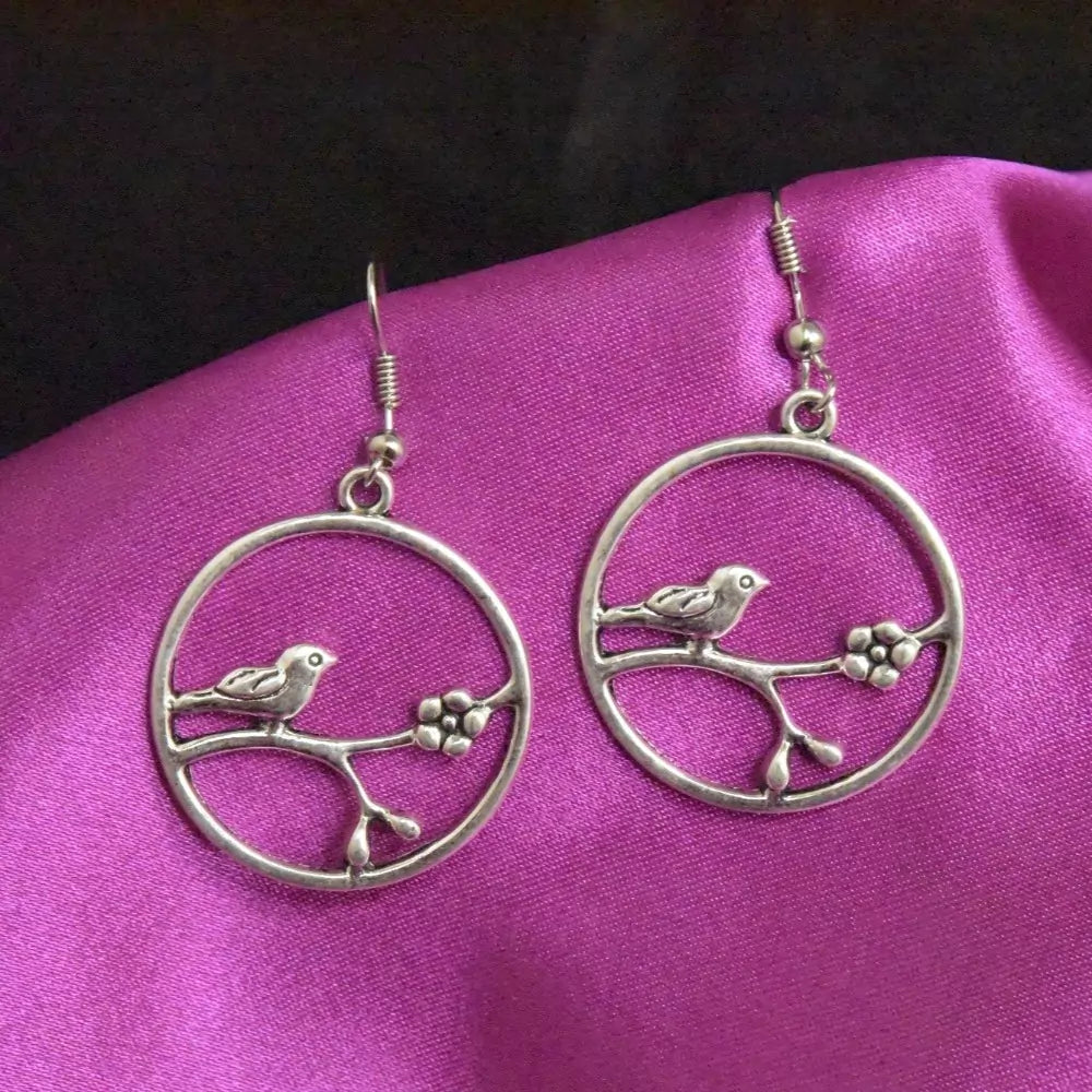 Round German Silver Earrings With Cute Sparrow
