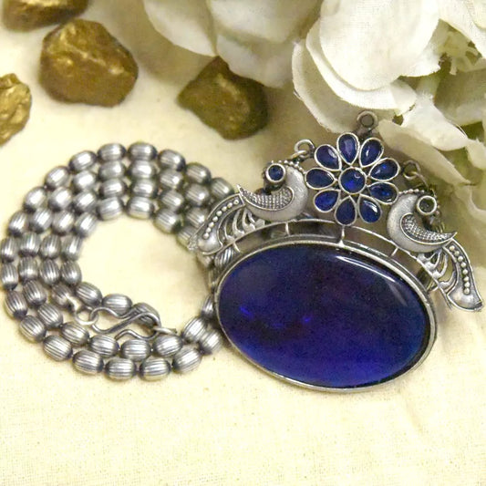 Blue Stone Peacock Pendant Necklace Chain Set