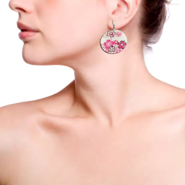 Pink Floral With White Design Earring