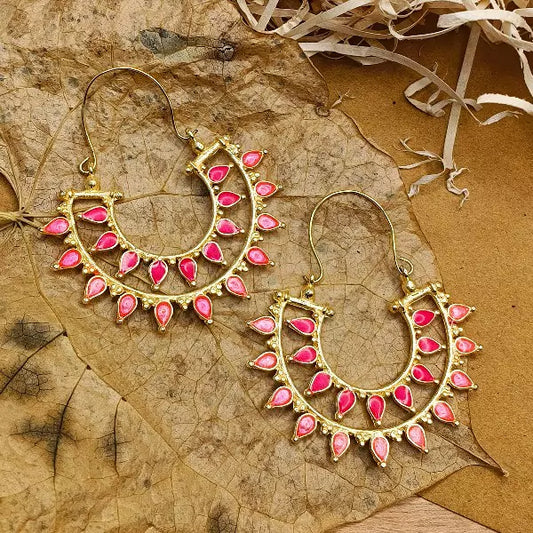 Pretty Gold Plated Hoop Earring With Pink Enamel