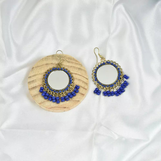 Circular Golden Mirrored and Beaded Drop Earrings