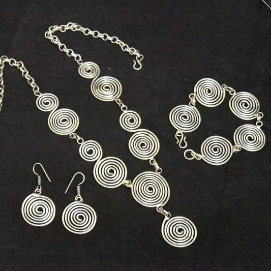 Silver Spiral Necklace Earring Bracelet Set