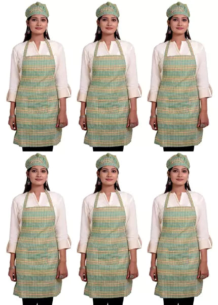 Green Checked Unisex Kitchen Apron with Cap & Front Pocket