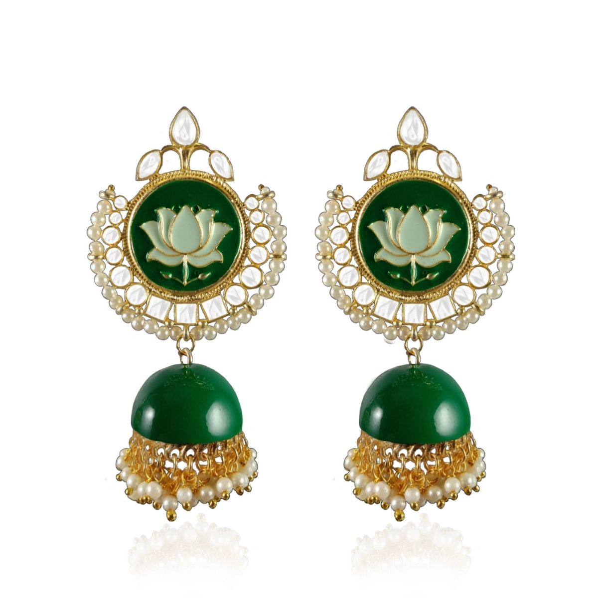 Lotus Design Round Earrings With Enamel Jhumki