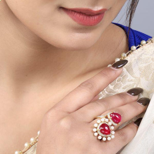 Double Ruby Diamond Imitation Ring With Pearl - The Fineworld
