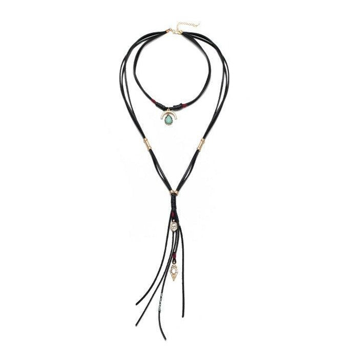 Leather choker necklace with long strands and COD - The Fineworld