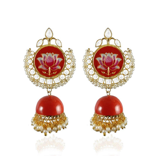 Lotus Design Round Earrings With Enamel Jhumki - The Fineworld