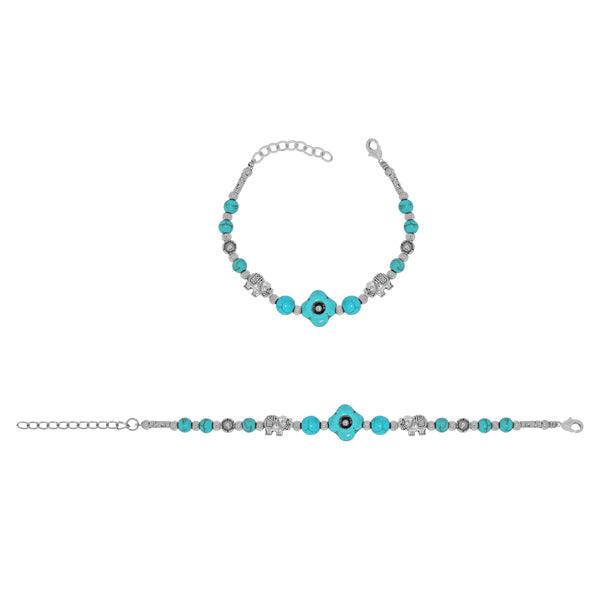 Oxidized Elephant Charm With Sky Blue Beads Bracelet - The Fineworld