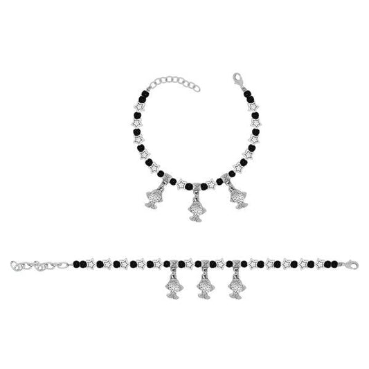 Black Beads With Fish Charm German Silver Bracelet - The Fineworld