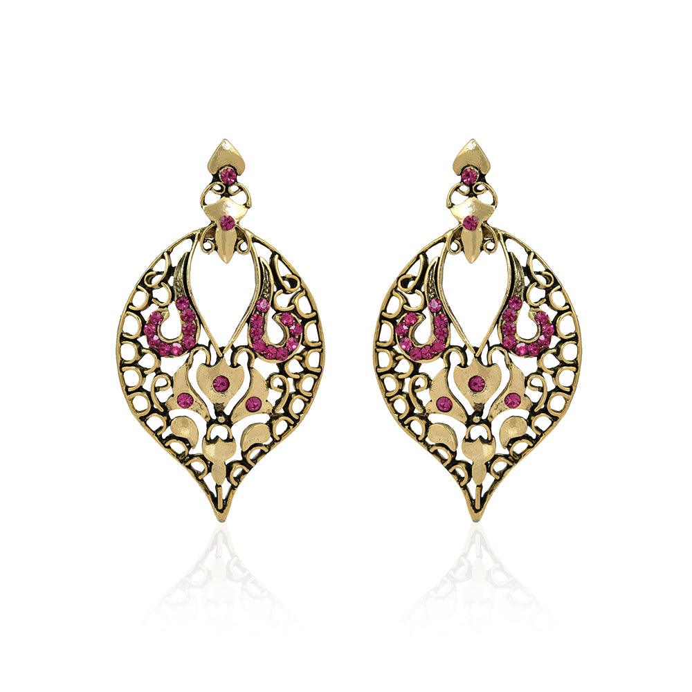 Dark Pink Stone And Gold Metal Earrings - The Fineworld