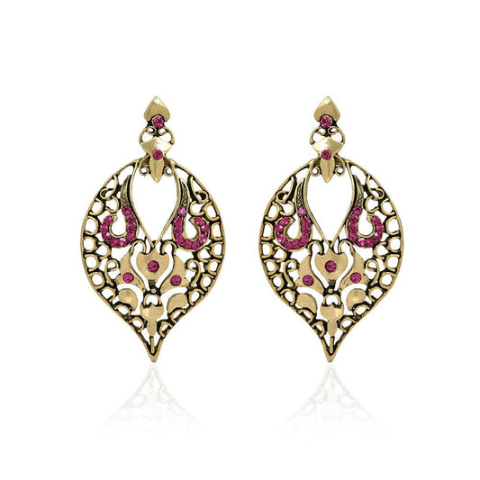 Dark Pink Stone And Gold Metal Earrings - The Fineworld
