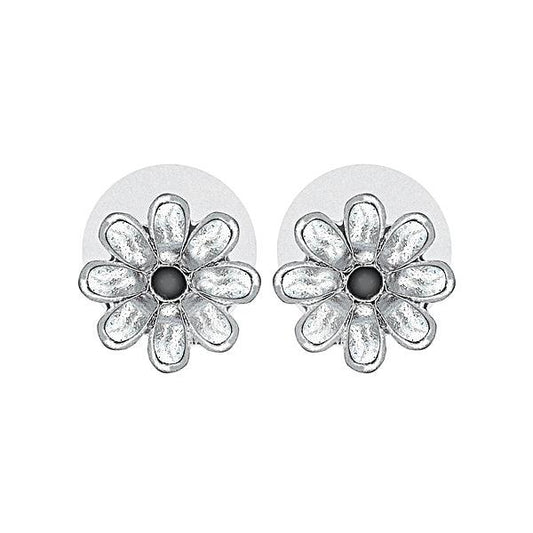 Silver plated flower designed with black stone earring - The Fineworld