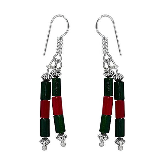 Dressy long maroon and green danglers German silver - The Fineworld