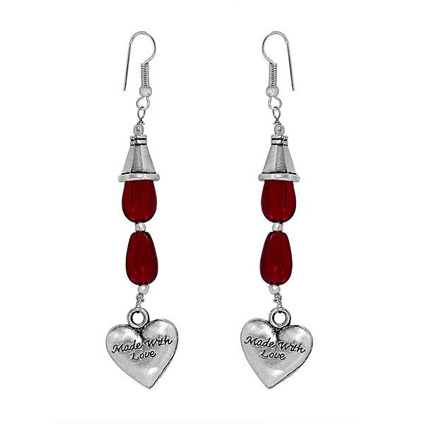 Dressy long red danglers with heart shape in German silver - The Fineworld