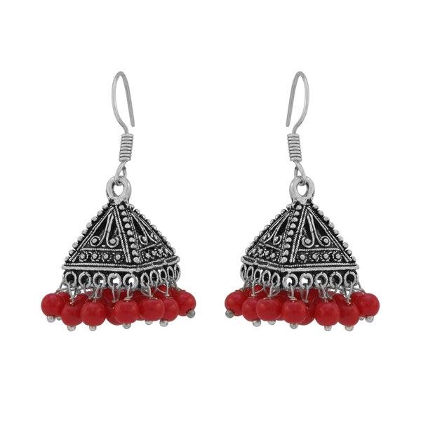 German silver jhumkas style danglers in gold finish with red drop - The Fineworld