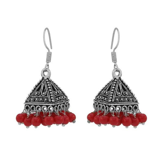 German silver jhumkas style danglers in gold finish with red drop - The Fineworld