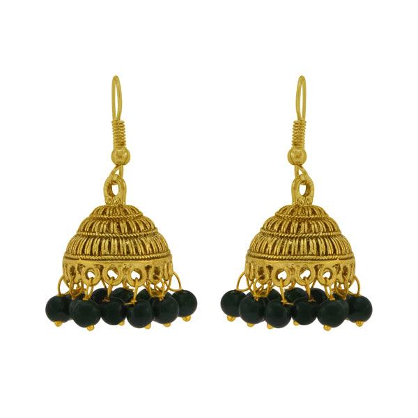 German silver golden finish jhumkas style danglers with green color drops - The Fineworld