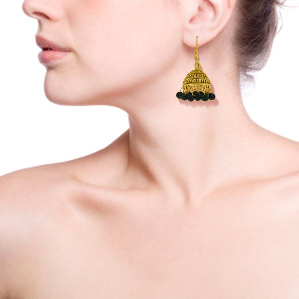 German silver golden finish jhumkas style danglers with green color drops - The Fineworld