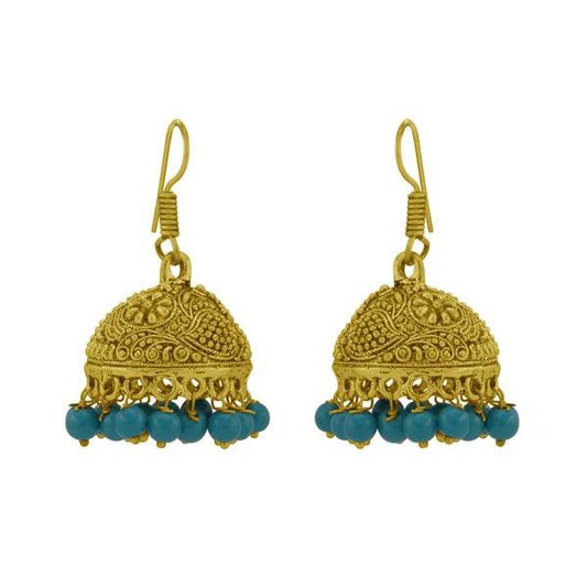 Yellow gold tone with blue beads jhumki earring - The Fineworld