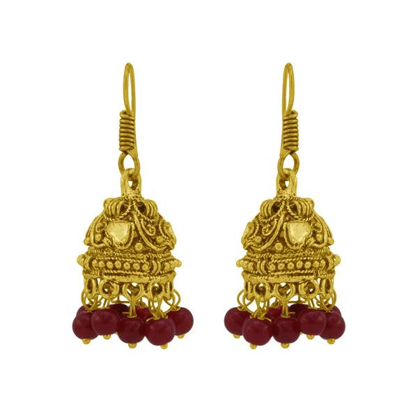 Golden tone red beads jhumki for women - The Fineworld